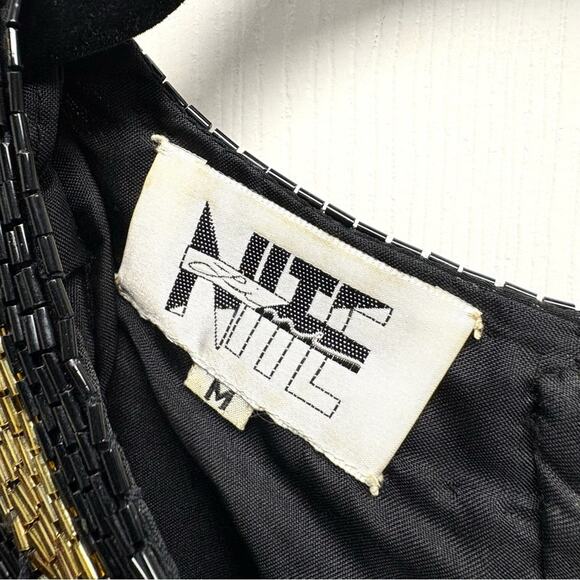 Vintage 90s Niteline Sequin Blouse, Black and gold, beads, zip up back, Size M - Picture 3 of 13